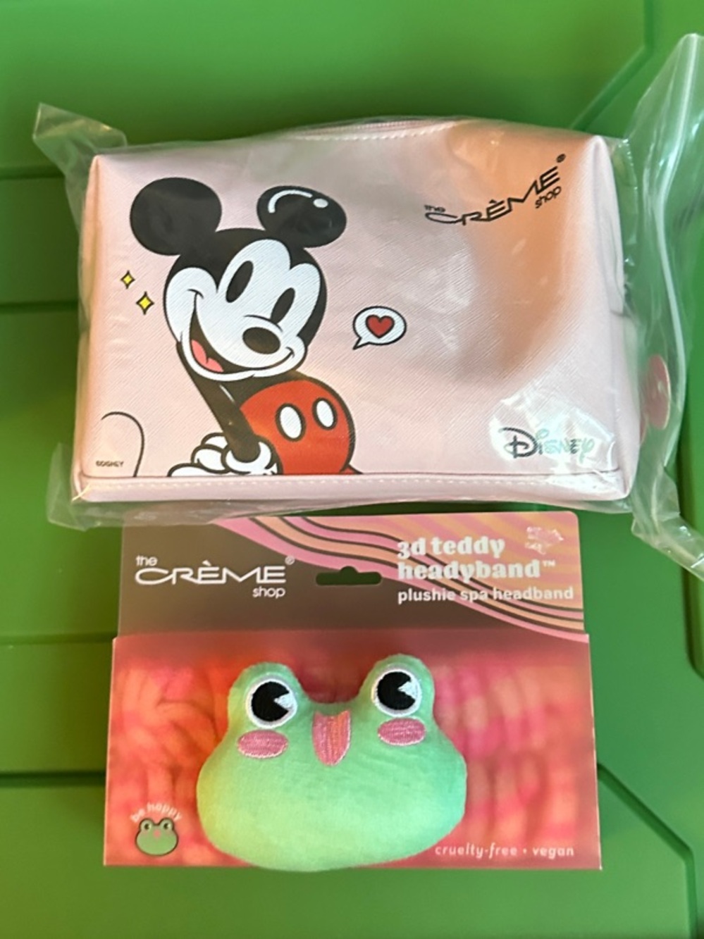 Mickey Cosmetic Bag with The Crème Shop Green Plush Teddy Headband